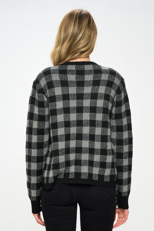 Checkered Knit Open Front Mini Cardigan with Buttons-3