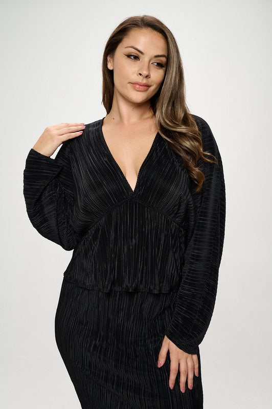 Plisse V neck Top with Balloon Dolman Sleeve-1