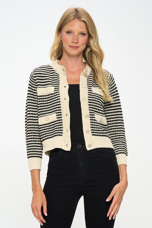 Knit Open Front Mini Cardigan with Buttons-1