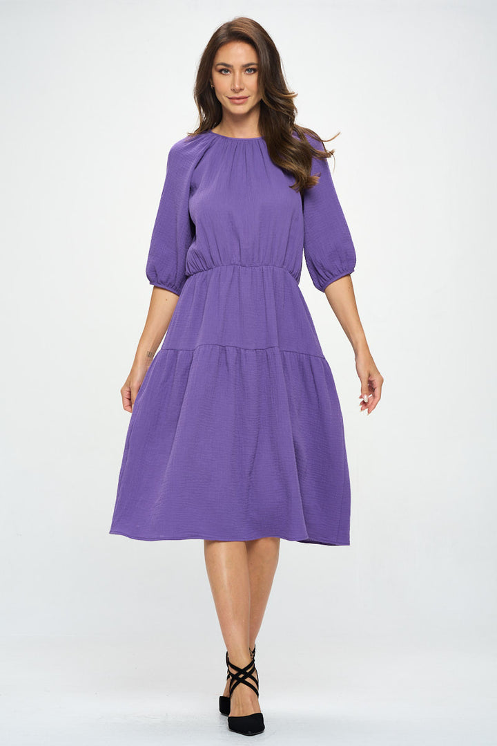 Cotton 3/4 Sleeve Tiered Midi Dress-2