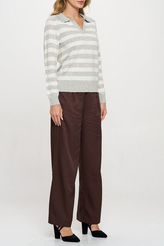 Striped Knit Polo Collar neck Long Sleeve Top-3
