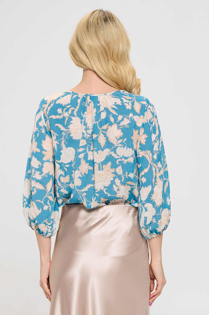Floral Print 3/4 Sleeve Top with Notch Neck-3