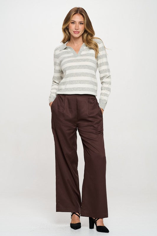 Striped Knit Polo Collar neck Long Sleeve Top-4