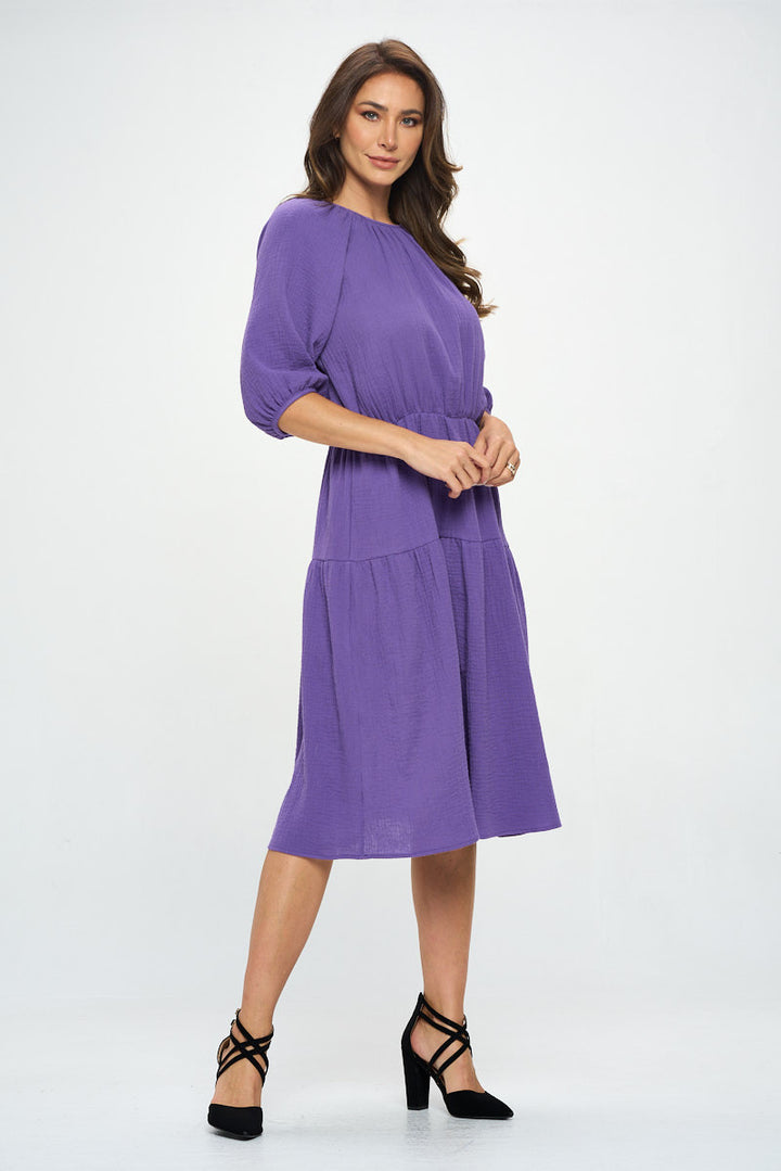 Cotton 3/4 Sleeve Tiered Midi Dress-3