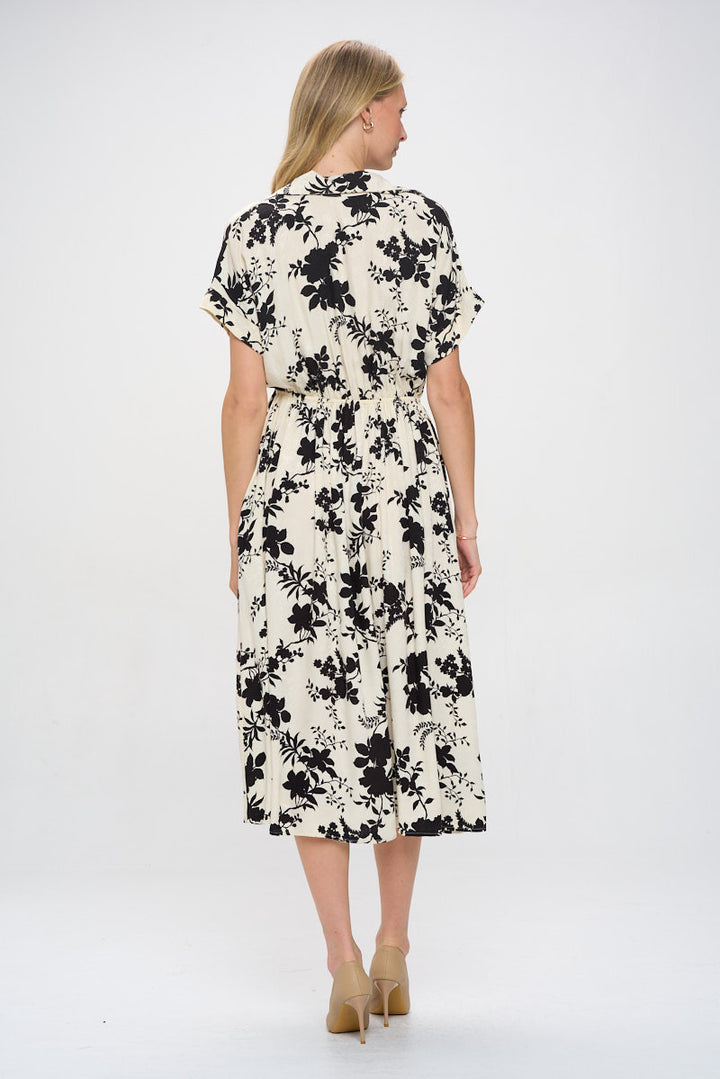 Textured Collared V neck Midi Dress with Pockets-4