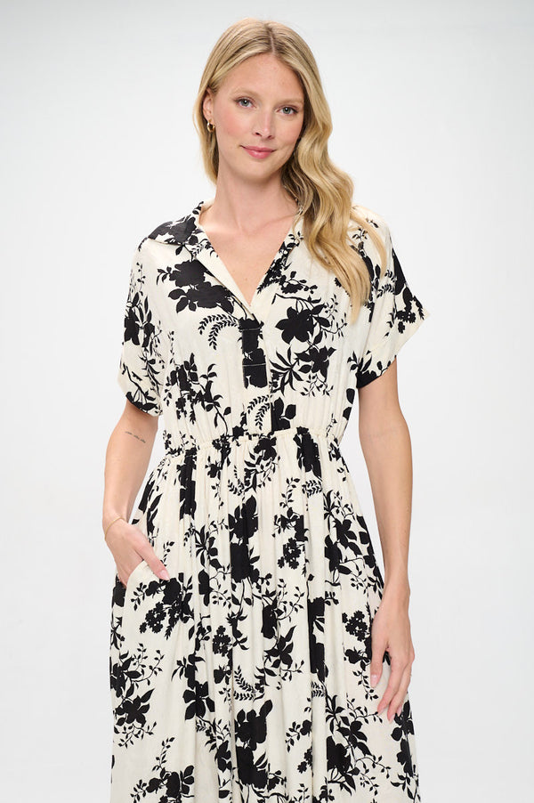 Textured Collared V neck Midi Dress with Pockets-0