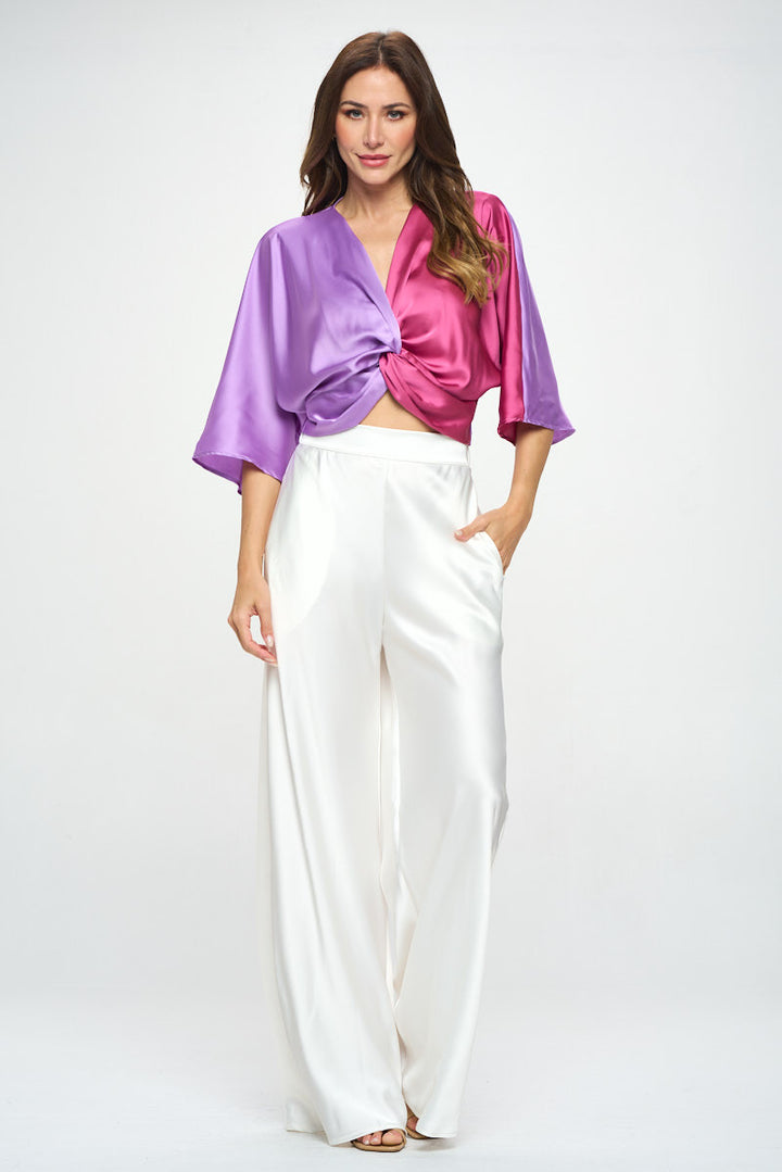 Satin Vibrant Multi Color Short Sleeve Top with Front Twist-3