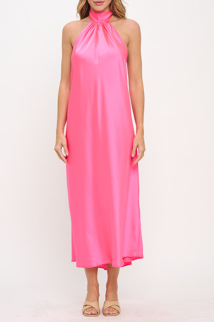 Solid Satin Halter neck Backless Midi Dress-1