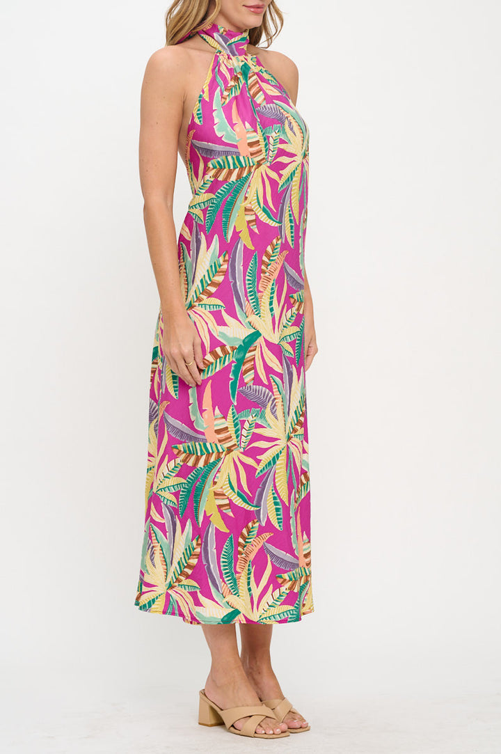 Tropical Print Halter neck Backless Midi Dress-2