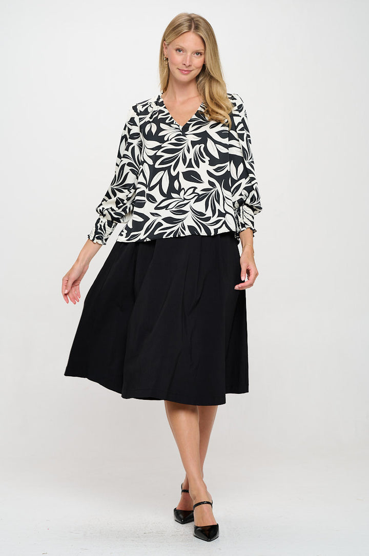 Satin Print V neck Top with Smock Cuffed Sleeve-4