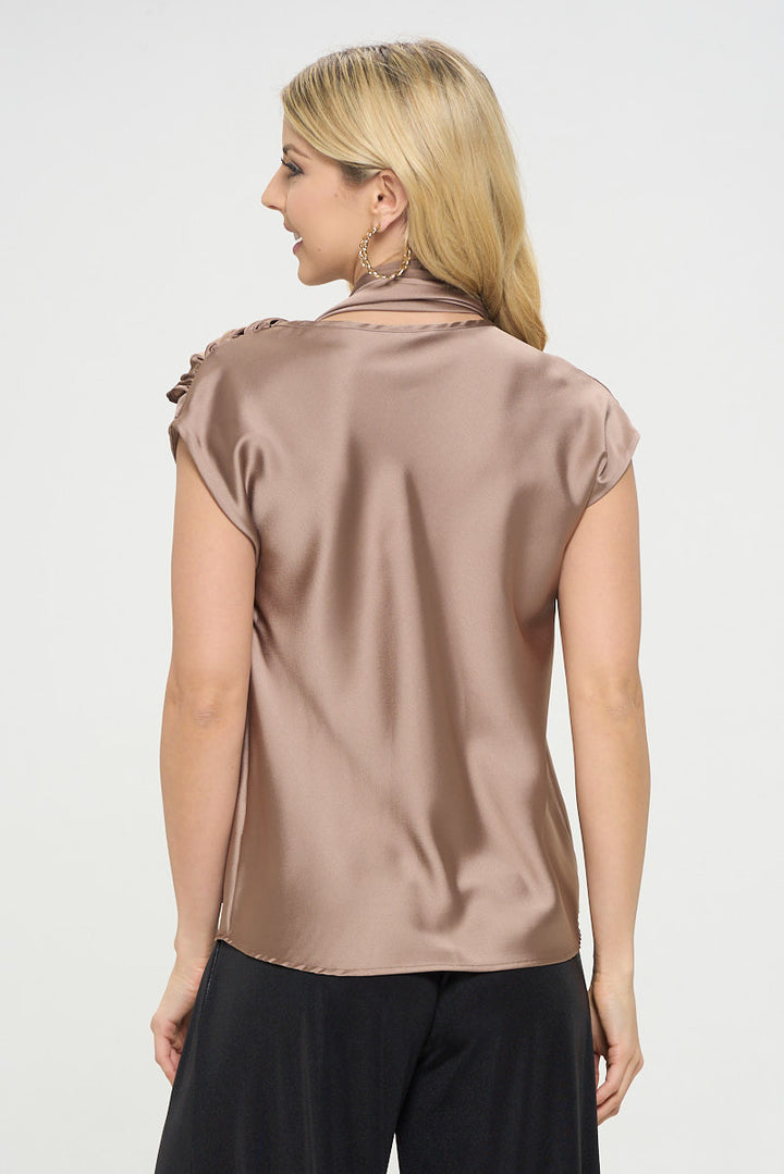 Satin Cowl Neck Short Sleeve Top with Scarf Detail-3