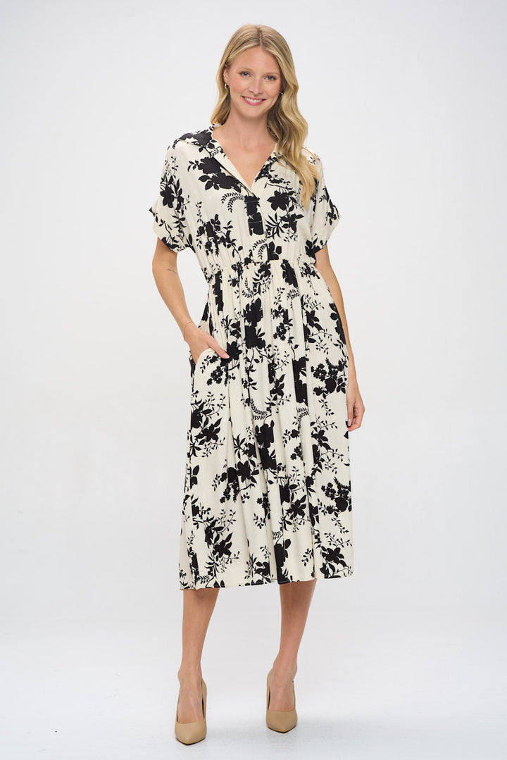 Textured Collared V neck Midi Dress with Pockets-1