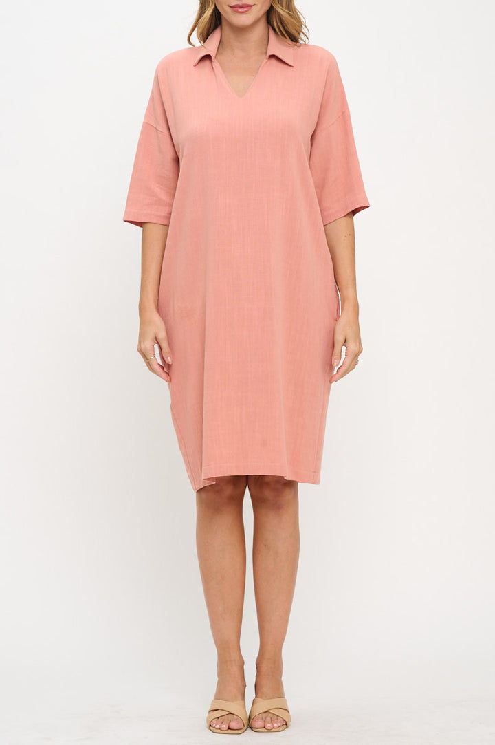 Linen V neck Collared Dress with Pockets-1