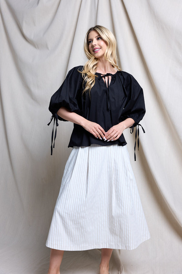 Cotton V neck Half Puff Sleeve with Tie-5