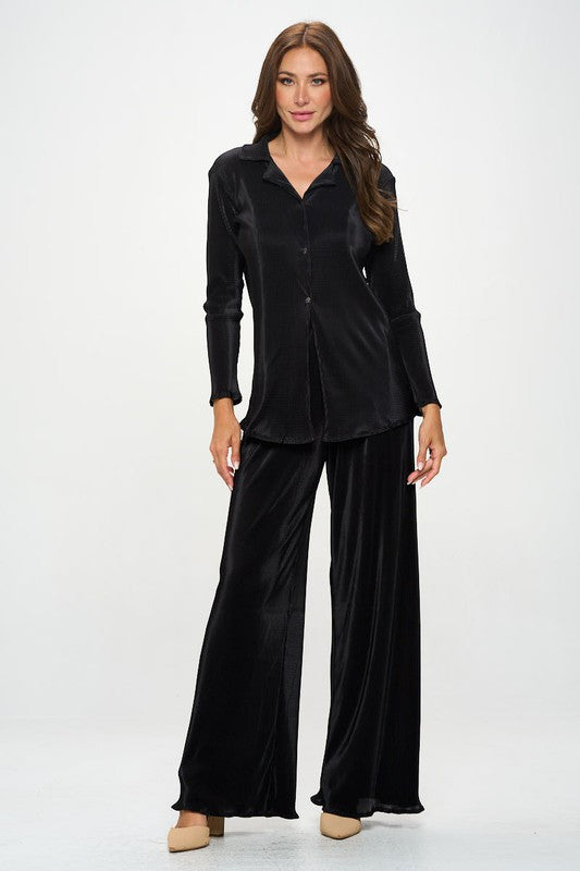 Plisse Solid Button Down Top with Collar-4