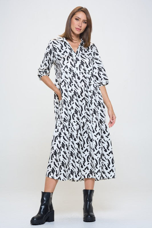 Print Collared V neck Tiered Dress with Pockets-3