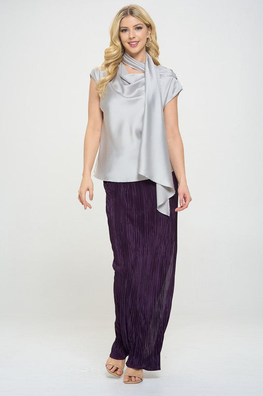 Satin Cowl Neck Short Sleeve Top with Scarf Detail-5