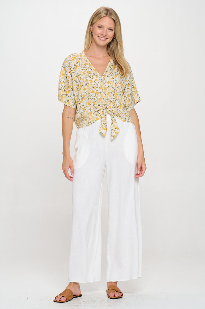 Linen Floral Print V neck Top with Front Tie-4