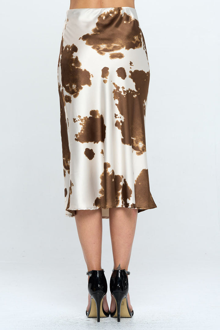 Satin Cow Print Midi Skirt with Slit-3