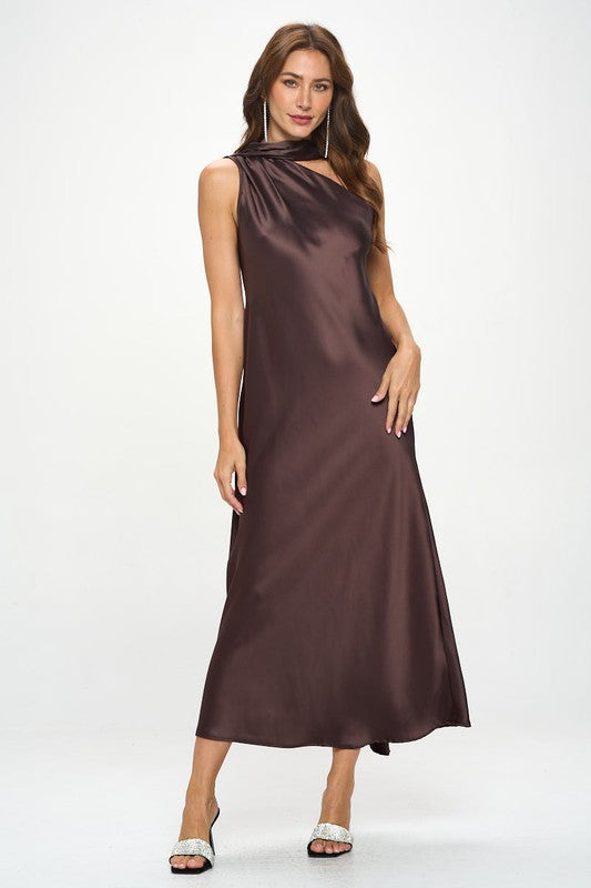 One Shoulder Satin Maxi Dress with Scarf Detail-2
