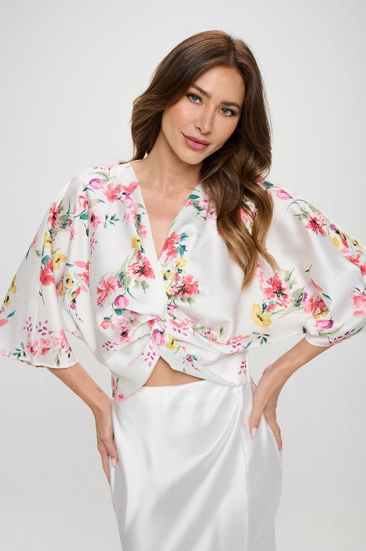 Floral Print Short Sleeve Satin Top with Front Twist-0