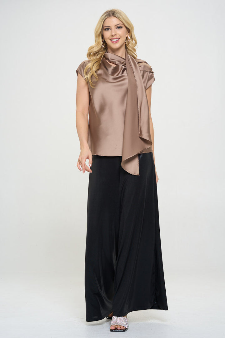Satin Cowl Neck Short Sleeve Top with Scarf Detail-4