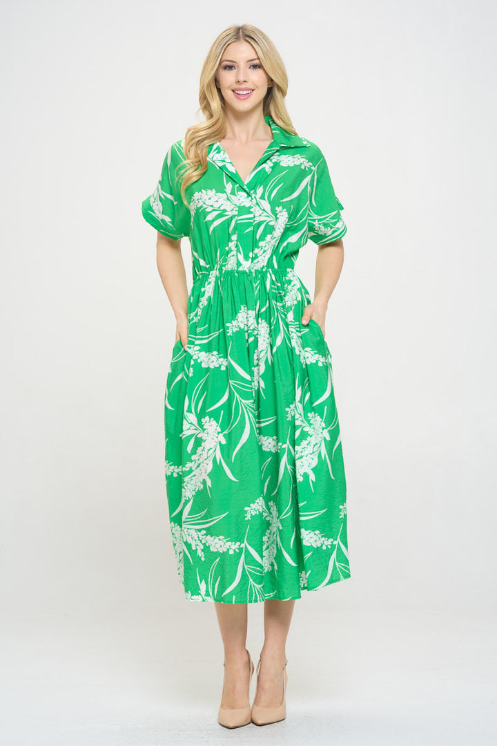 Print Collared V neck Midi Dress with Pockets-1