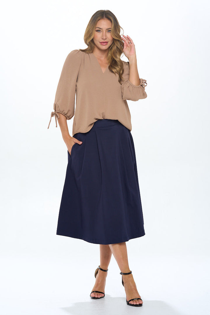 Solid V neck 3/4 Sleeve Top with Sleeve Tie-4