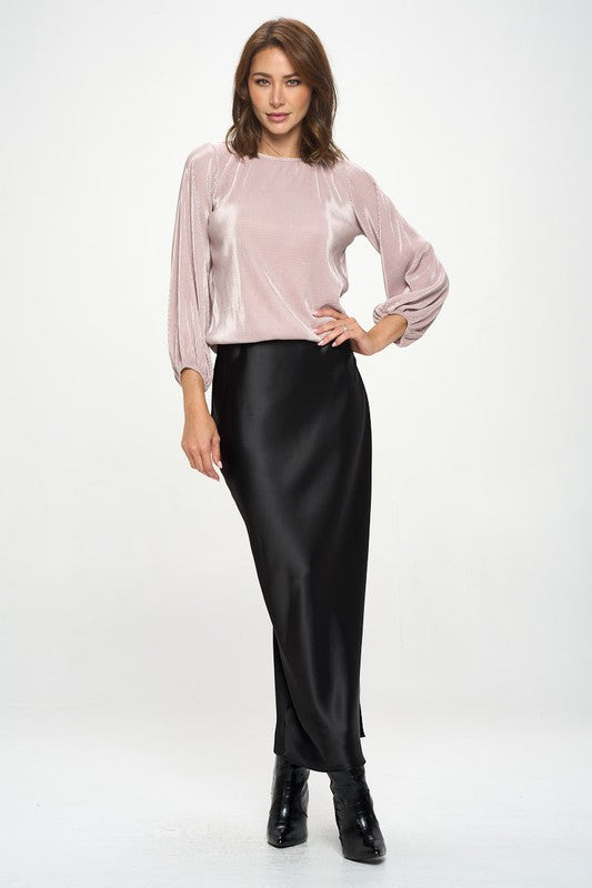 Plisse Solid Round neck Top with 3/4 Sleeve-5