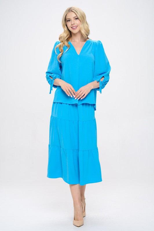 Solid V neck 3/4 Sleeve Top with Sleeve Tie-4