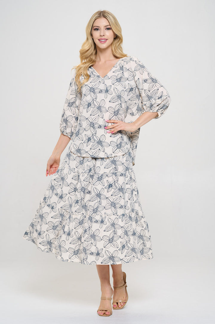 Floral Print V neck 3/4 Sleeve Top-4
