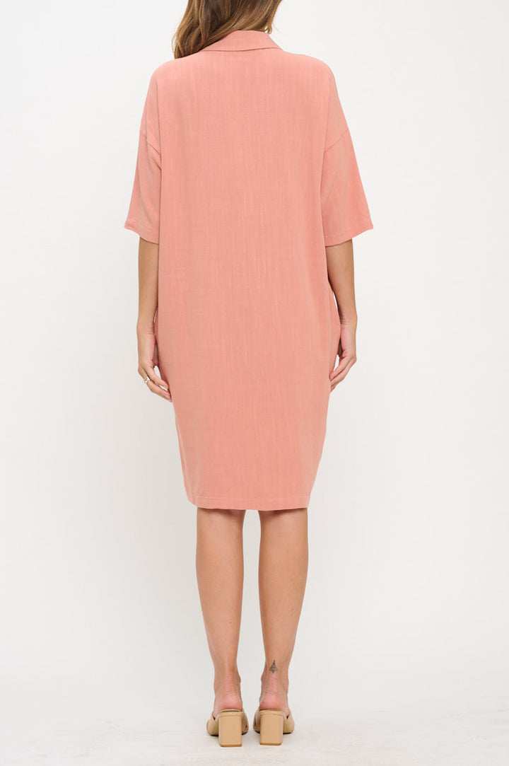 Linen V neck Collared Dress with Pockets-3