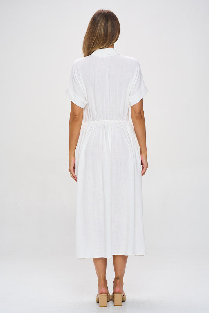 Linen Solid Collared V neck Dress with Pockets-4