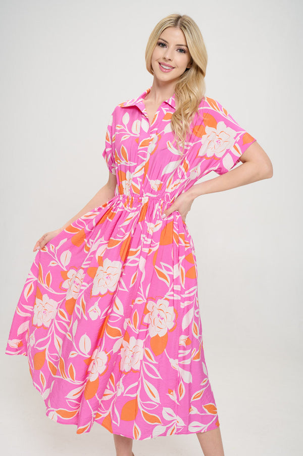 Flower Print Collared V neck Midi Dress with Pockets-0