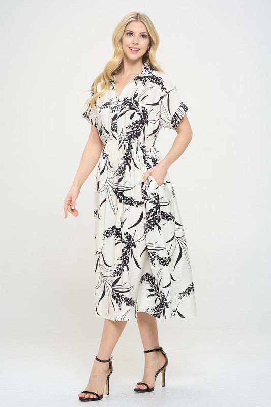 Print Collared V neck Midi Dress with Pockets-3
