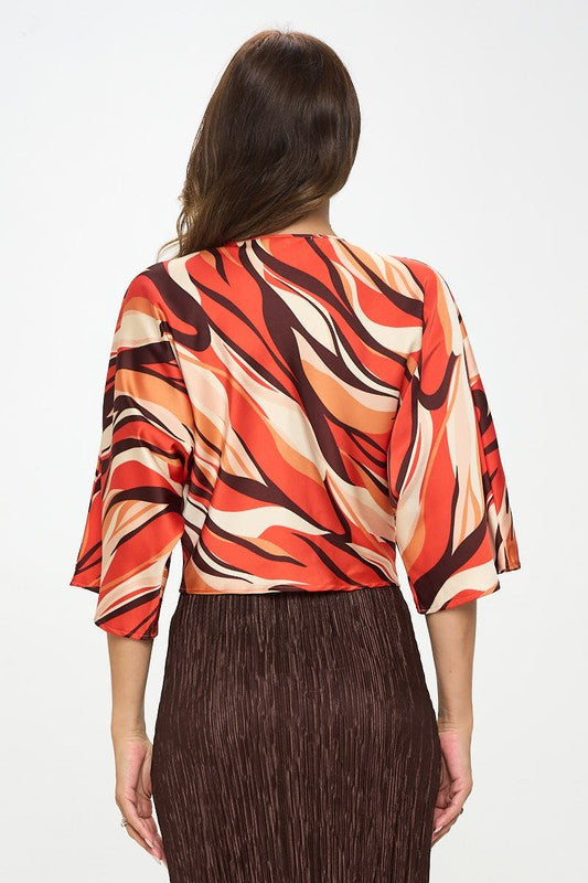 Multi Print Satin Mid Sleeve Top with Front Twist-3