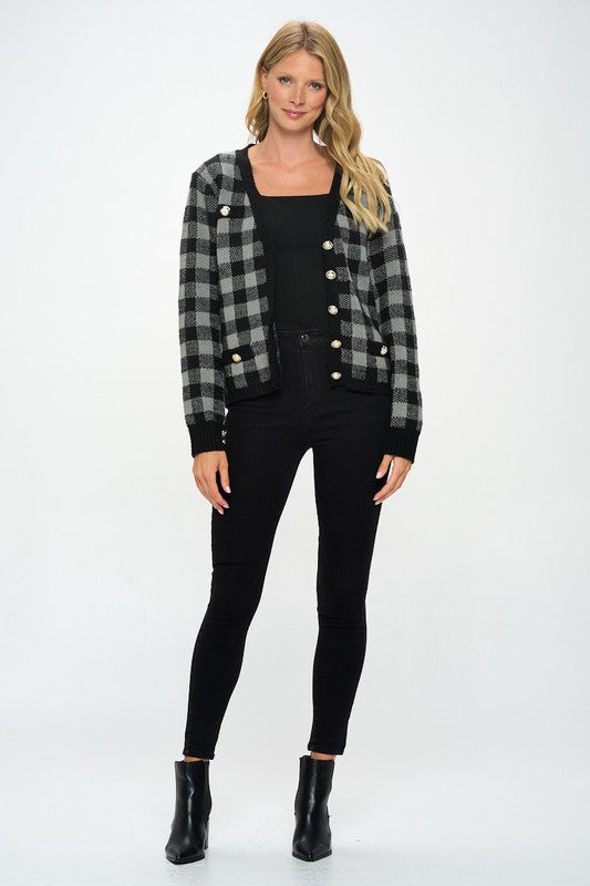 Checkered Knit Open Front Mini Cardigan with Buttons-4