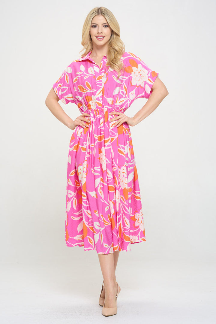 Flower Print Collared V neck Midi Dress with Pockets-2