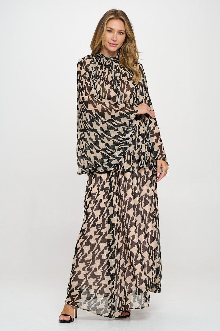 Print Sheer Long Bell Sleeve Top with Back Tie Detail-4