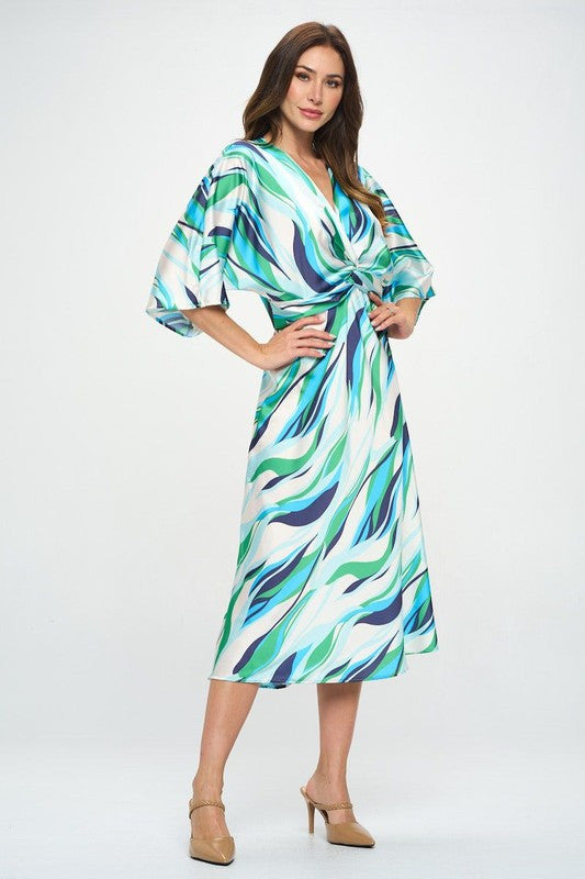Satin Stretch Print Dress with Front Twist-2