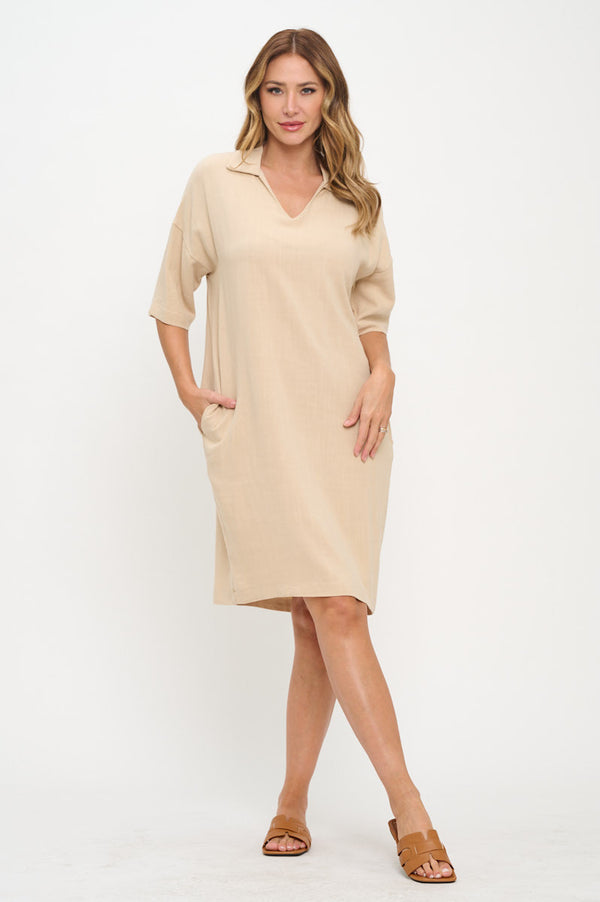 Linen V neck Collared Dress with Pockets-5