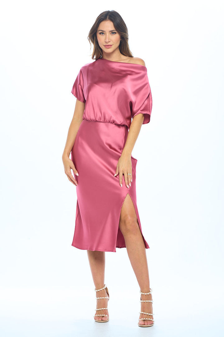 Satin Stretch Print Dress with Slit-1
