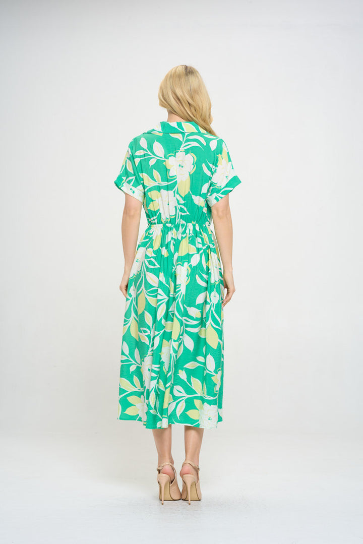 Flower Print Collared V neck Midi Dress with Pockets-4