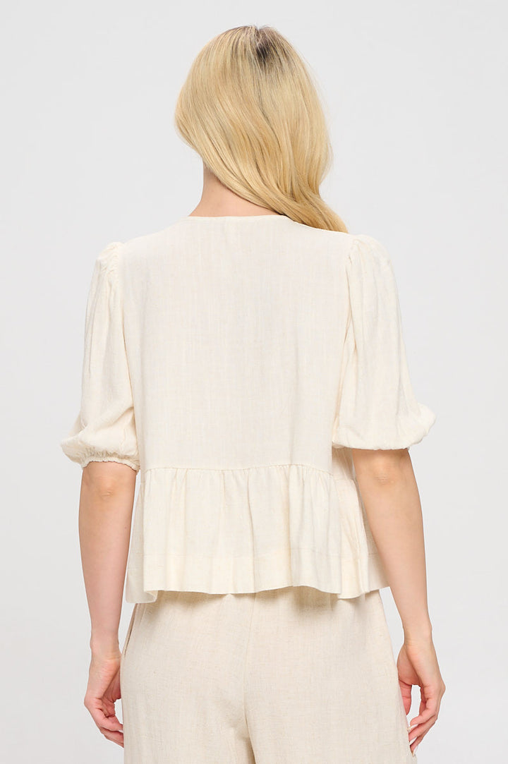 Linen Solid Puff Sleeve Top with Front Bow Detail-3