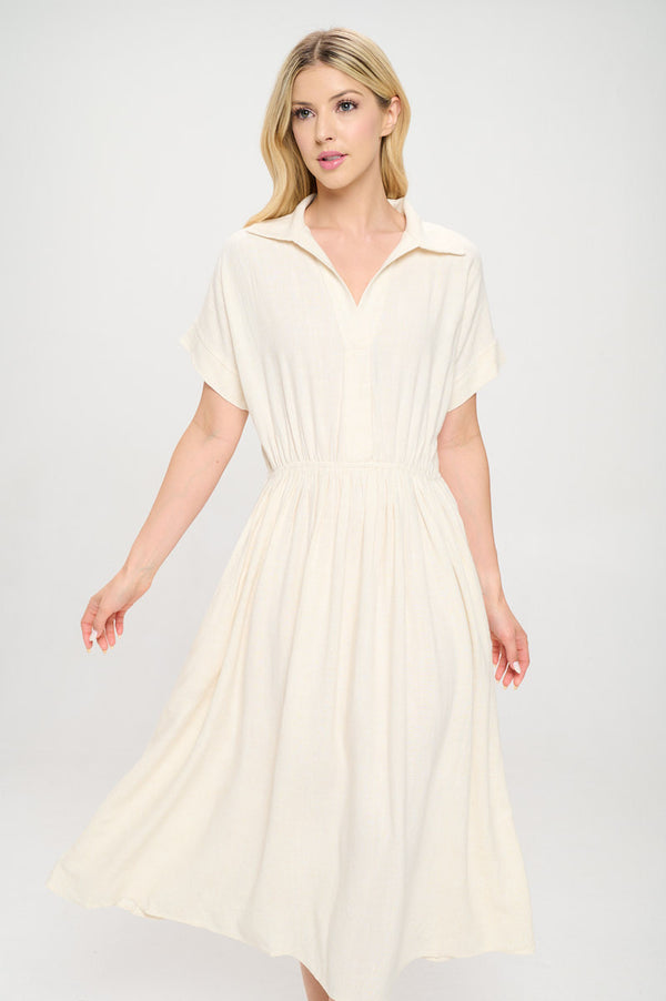 Linen Solid Collared V neck Dress with Pockets-0