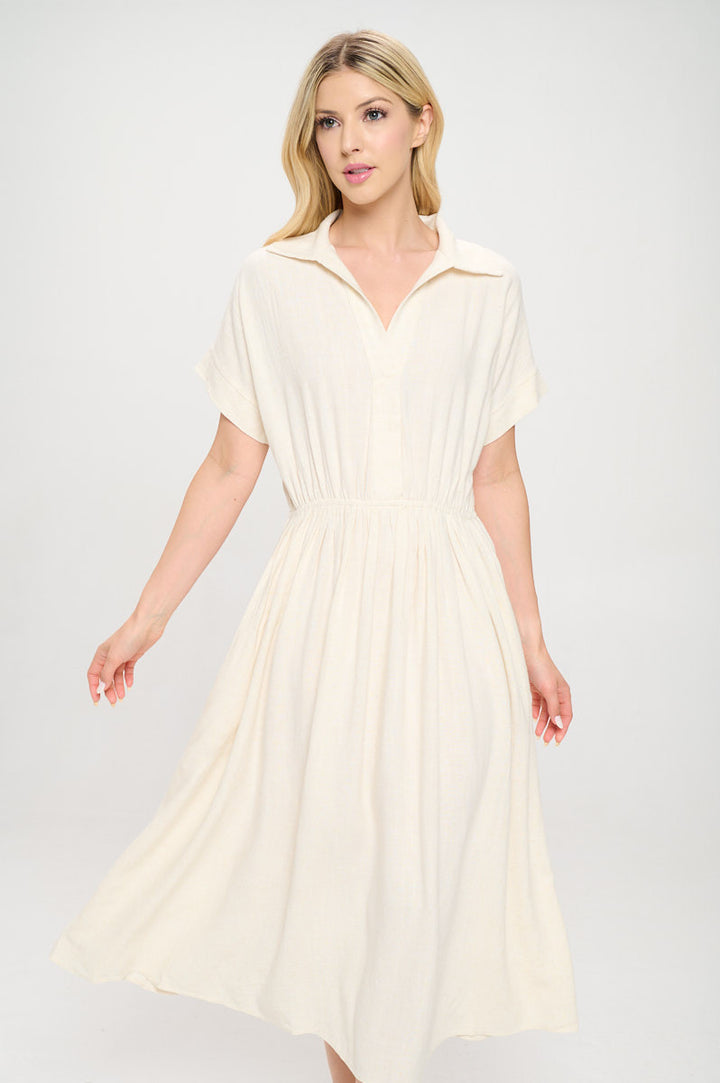 Linen Solid Collared V neck Dress with Pockets-0