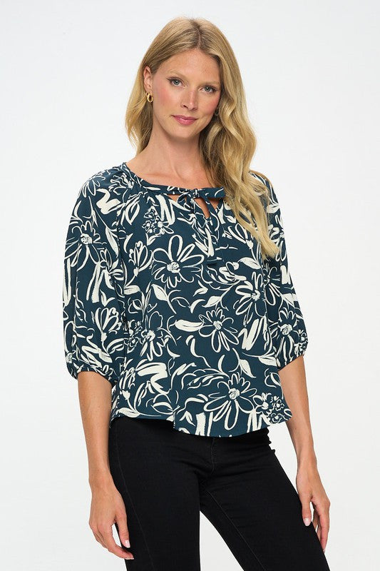 Flower Print V neck Top with 3/4 Sleeve and Tie-2