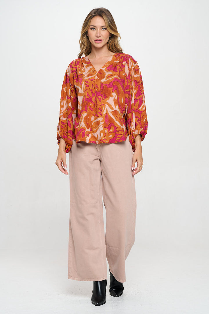 Floral Print V neck Top with Balloon Sleeve-4