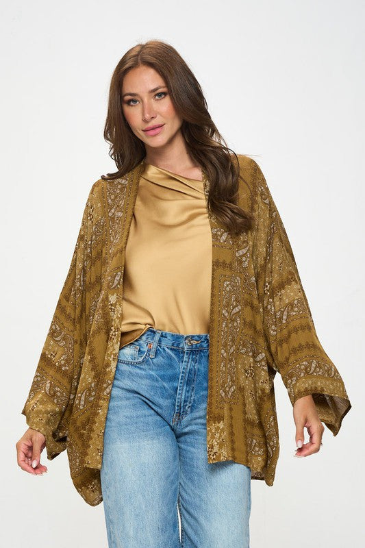 Boho Patch Print Open Front Kimono Cardigan-2