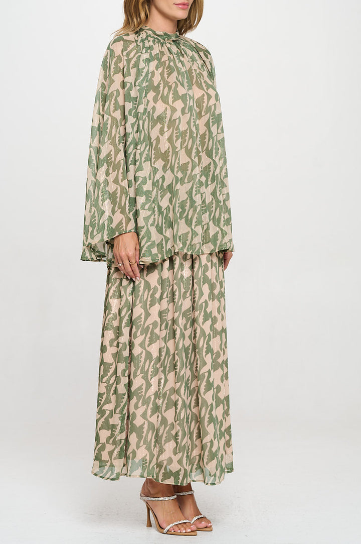 Print Sheer Long Bell Sleeve Top with Back Tie Detail-3
